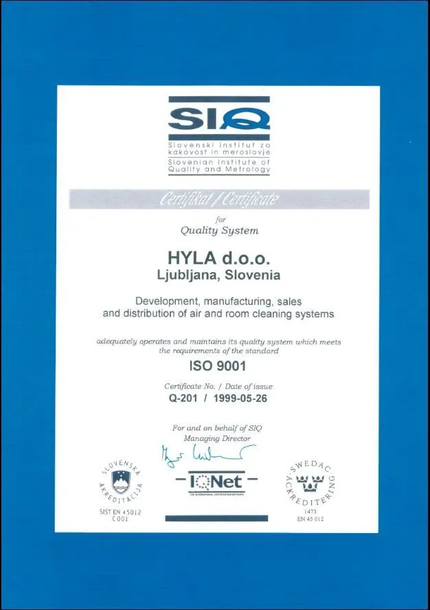 Certifikát ISO 9001 pre HYLA d.o.o., Ľubľana